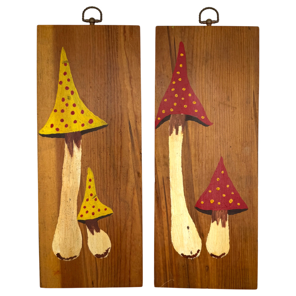 Signed Folk Art Mushroom Wood Wall Panels M Ketter Vintage 1972 Painted Pair MCM